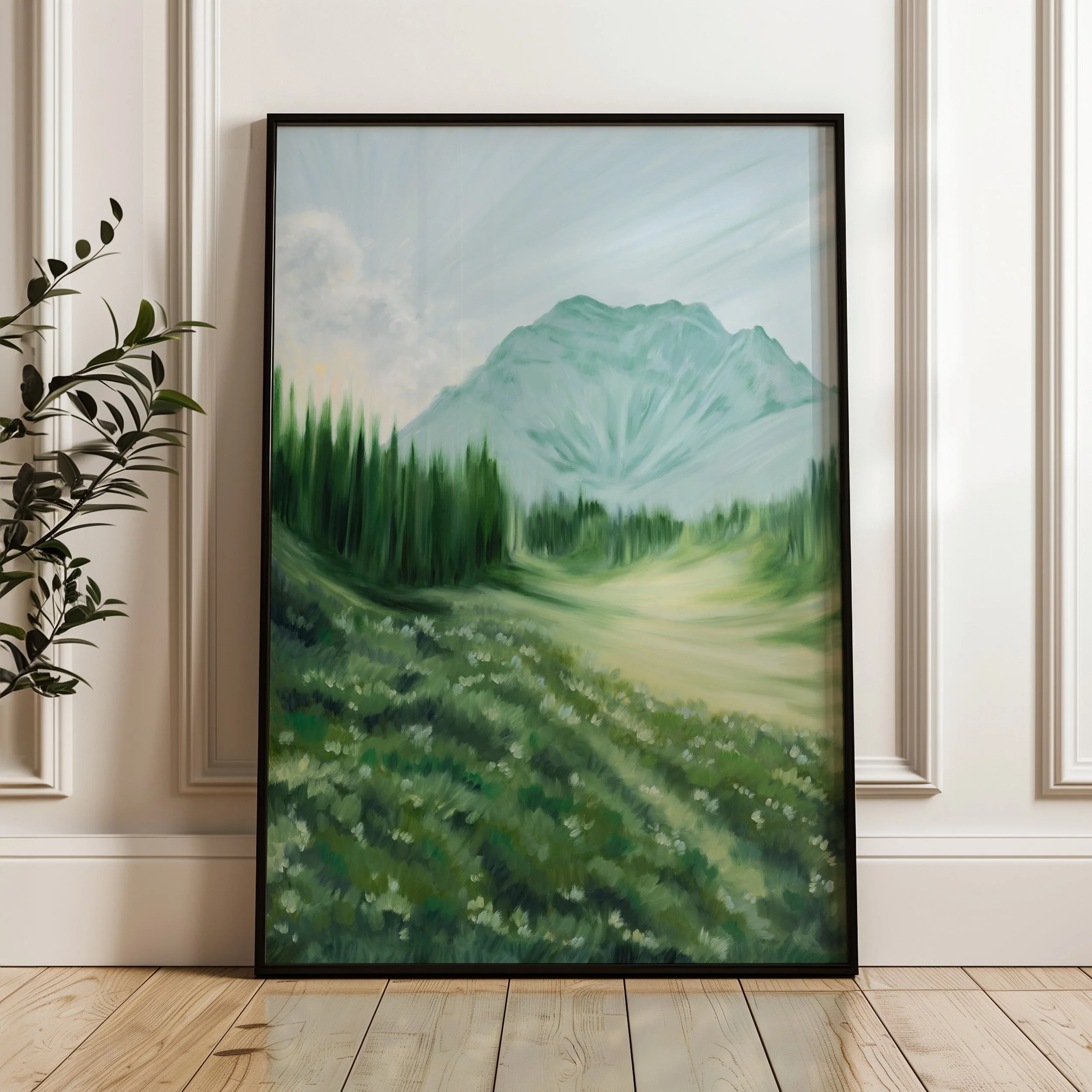 Cascade Mountain oil landscape wall art print in Banff National Park Canadian Rockies. View from Johnson Lake, Alberta giclee oil painting reproductions in a black frame
