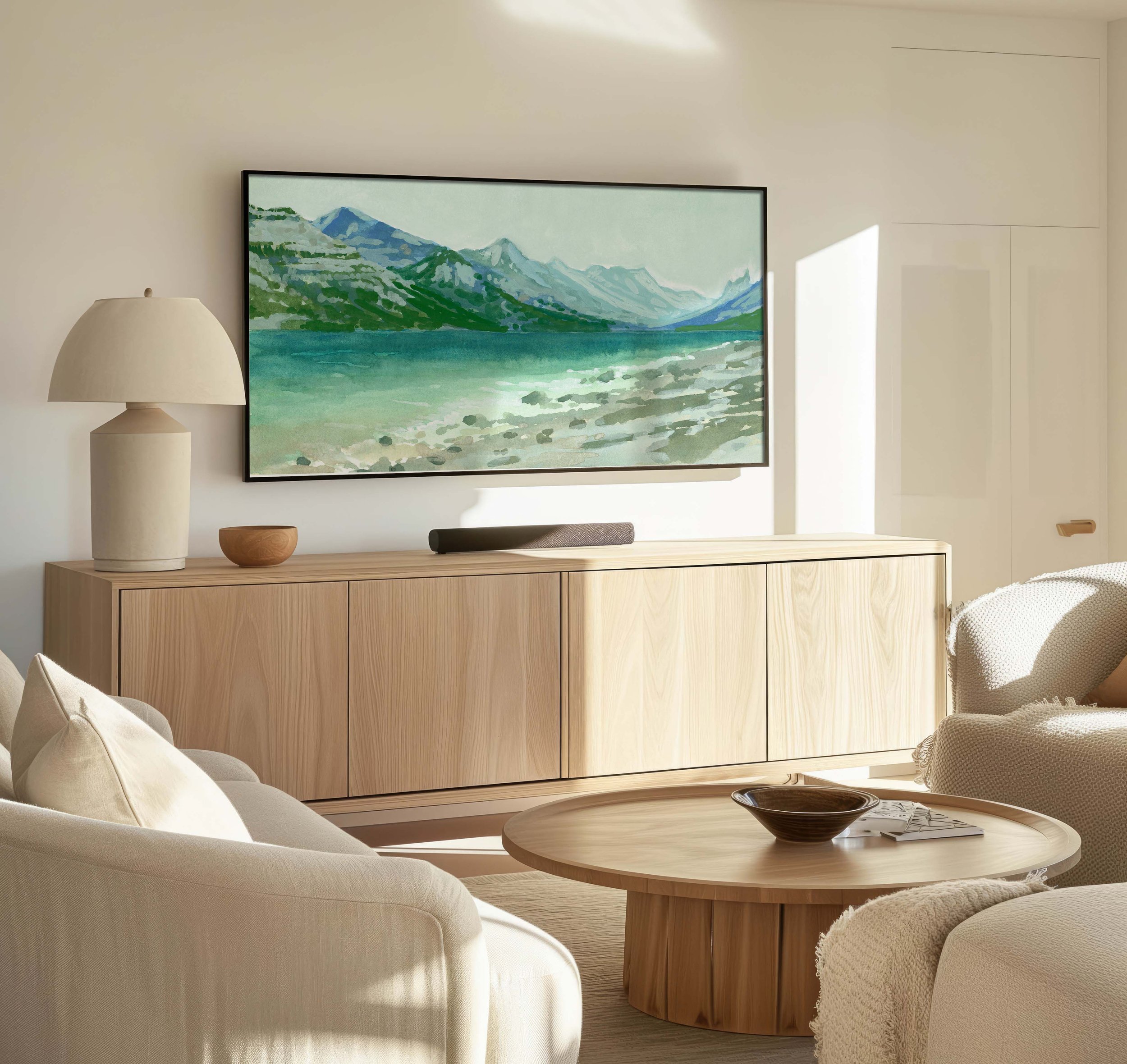 “Waterton in Gouache” TV Art on display in a warm neutral living room