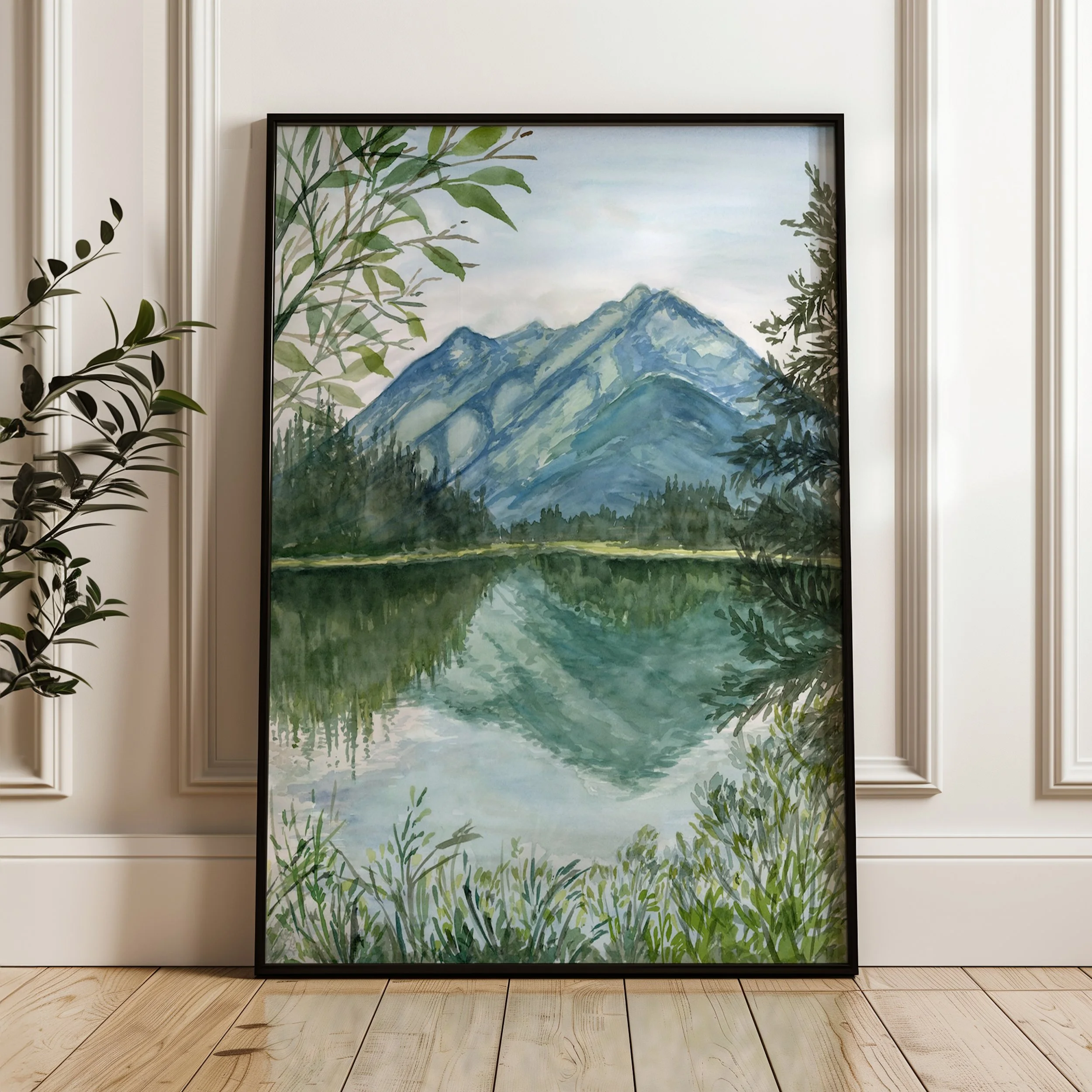 Banff national park river walk watercolor nature landscape wall art print of the bow river in the Canadian Rockies in a black frame