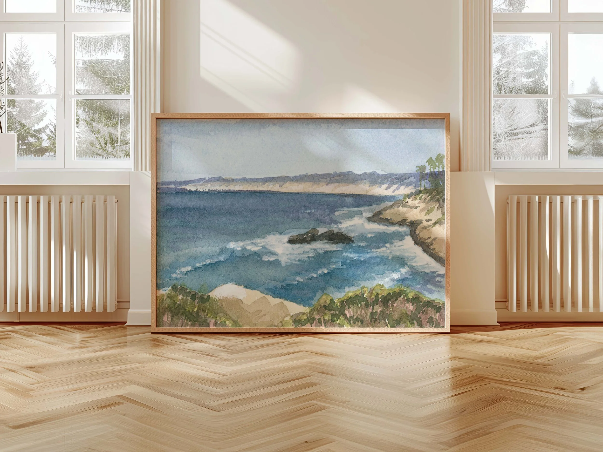 La Jolla, California coastal watercolor landscape wall art print. San Diego cliffside beach giclee fine art in larger size