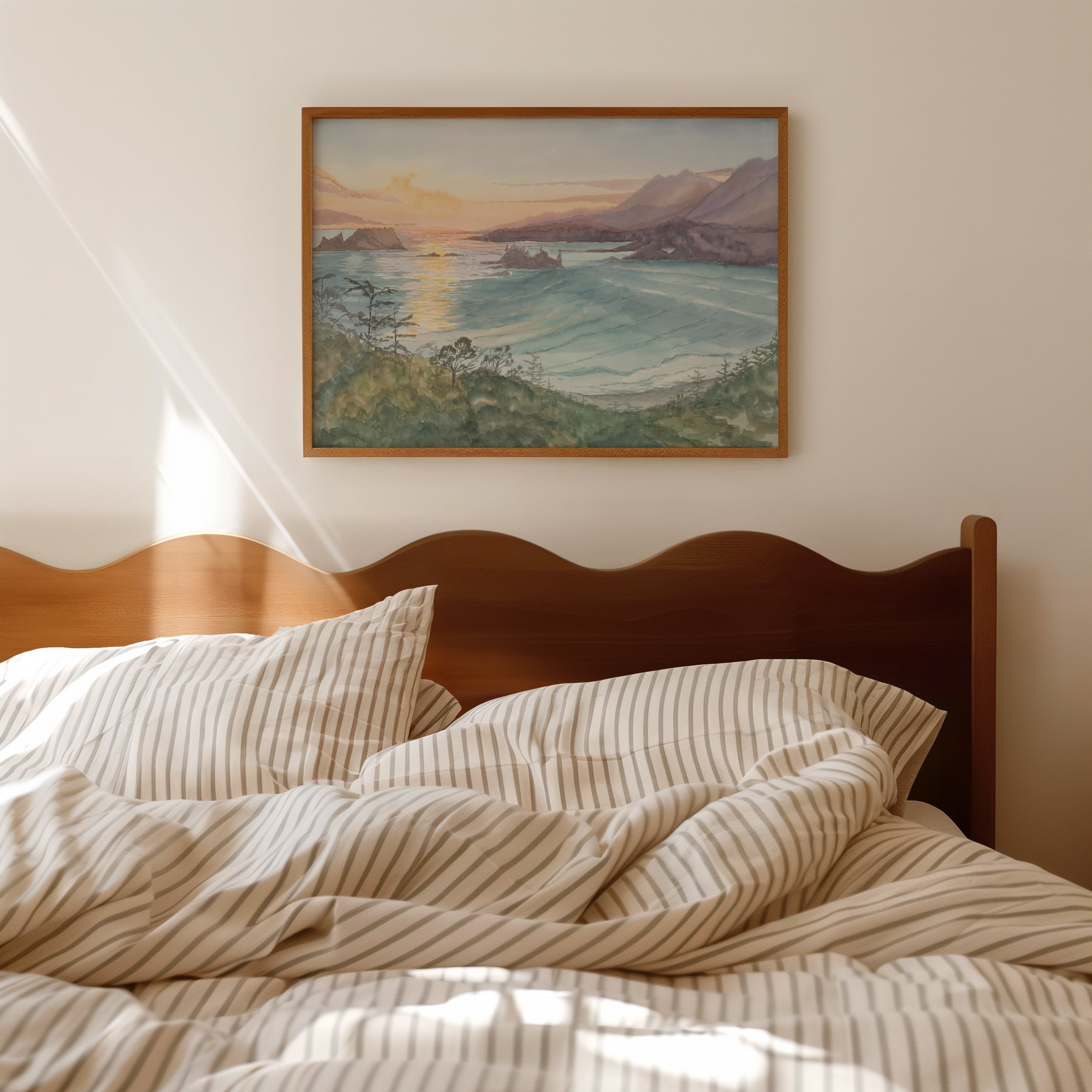 Cox Bay Lookout coastal sunset watercolour print from Tofino BC. Vancouver island landscape giclee beach hanging in a bedroom