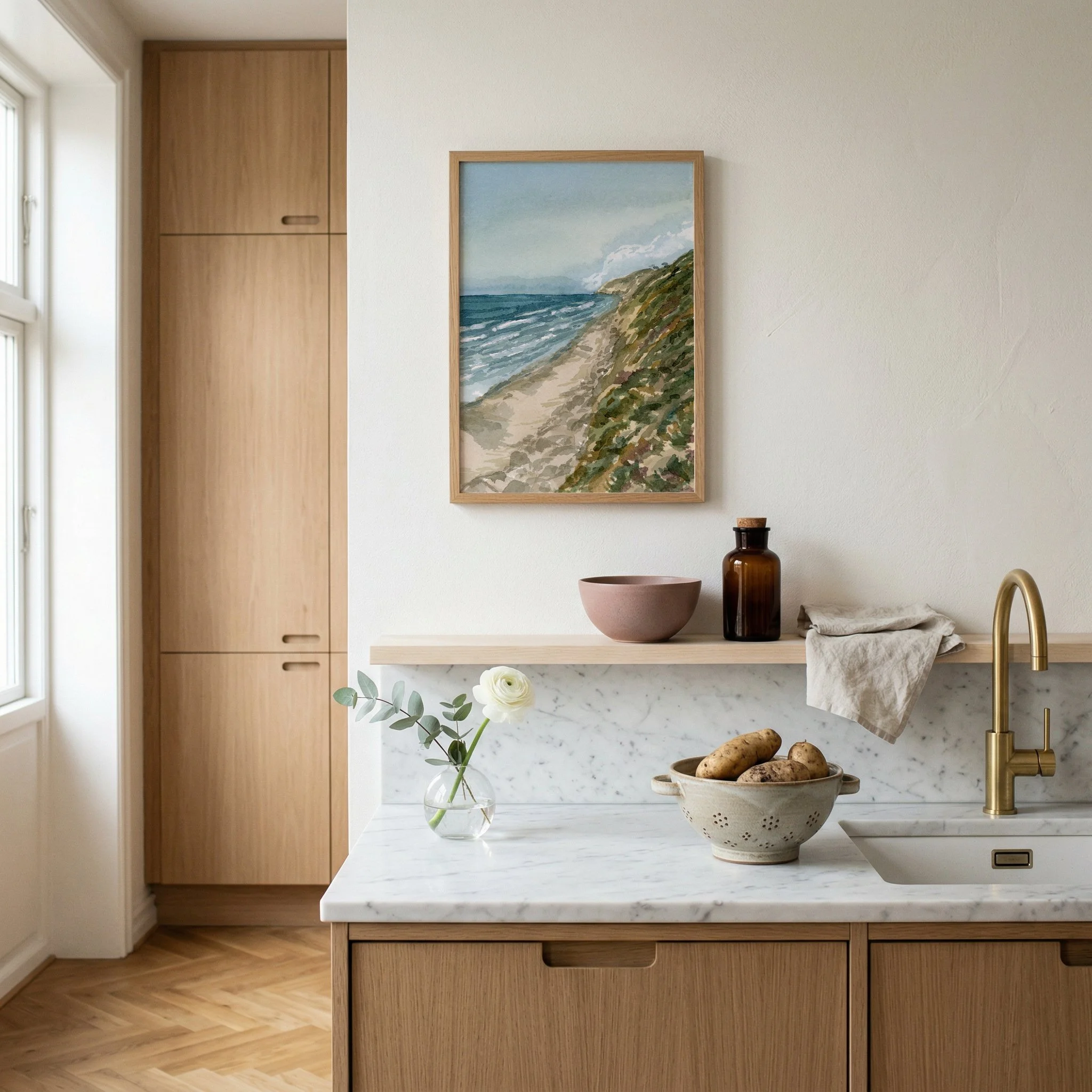 Torrey Pines, San Diego coastal watercolor landscape wall art print inspired by a sunny day spent on the beach on the shoreline of Southern California hanging in a kitchen