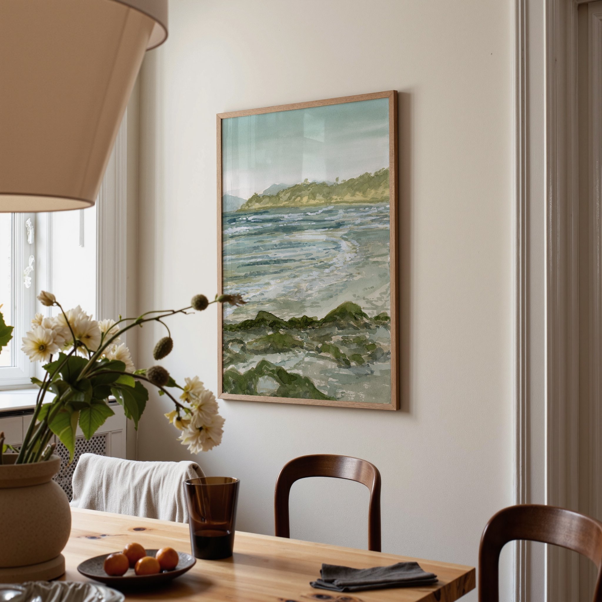 Solana Beach, Encinitas, California coastal watercolor tide pool landscape wall art print. Inspired by soft blues and greens of the Pacific Ocean hanging in a dining room