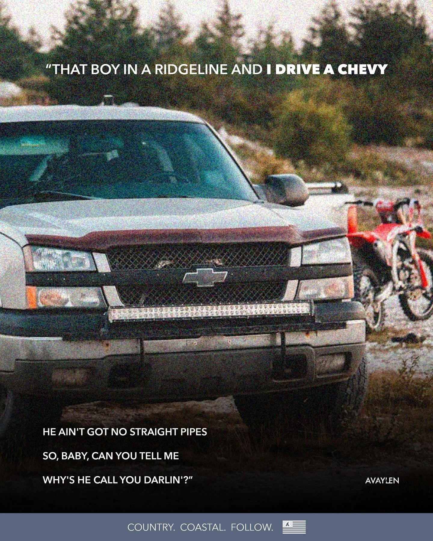 &ldquo;That boy in a Ridgeline and I drive a Chevy&rdquo;

Tag that boy below
.
.
.
#avaylen #countrywords #countrysayings #countrymusiclover #countrythings #countrymusiclyrics #lyrics #surf #countrylyrics #countrymusic #countryquotes #countrysong #h