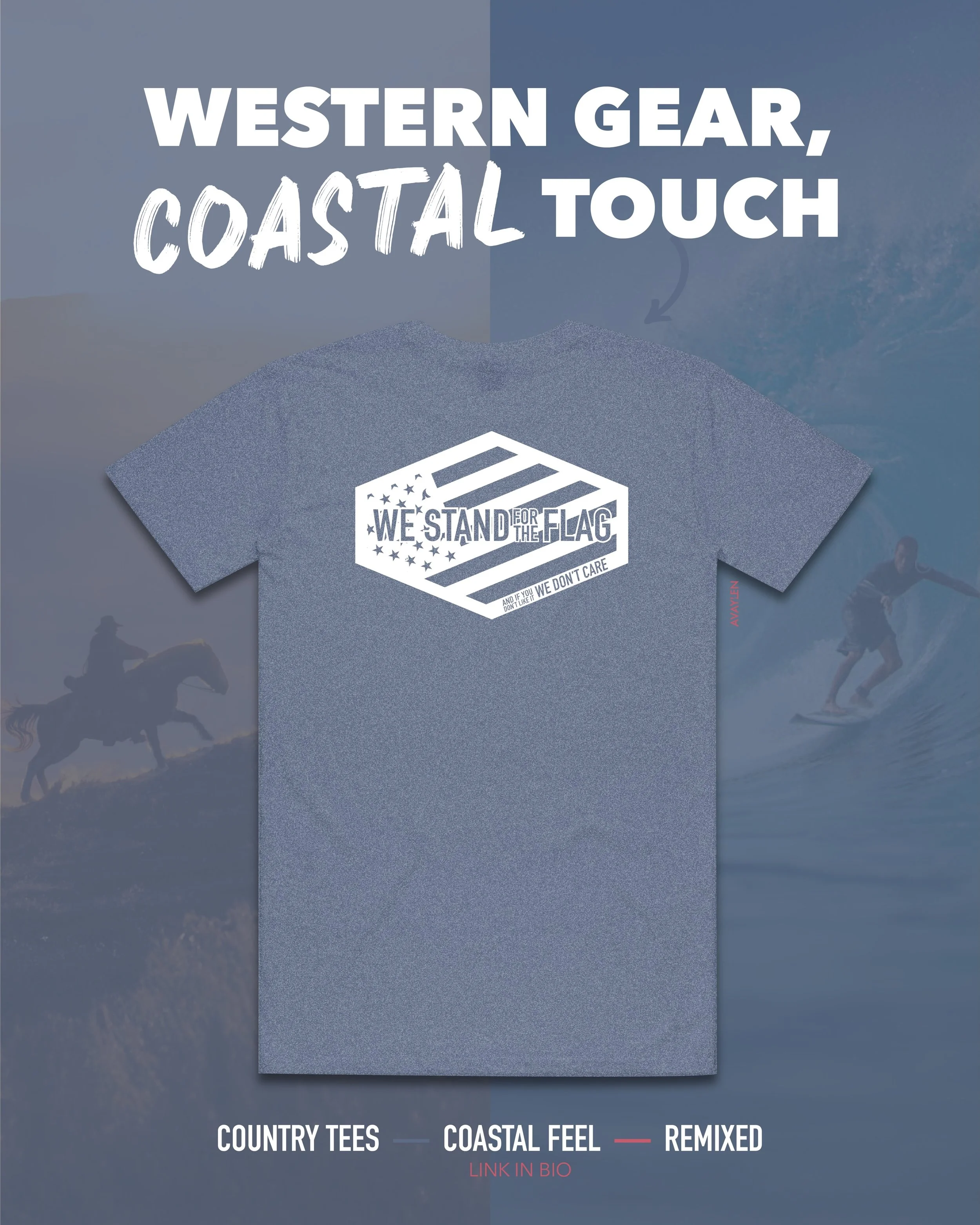 The Cowboy and the Surfer lives in you🇺🇸🌴 It lives in all of us. 

Avaylen makes elevated coastal-inspired western tees built for beaches and backroads⚡️Gear up on Avaylen.com
.
.
.
#avaylen #socalcountry #countrymusic #westernwear #coastalcountry