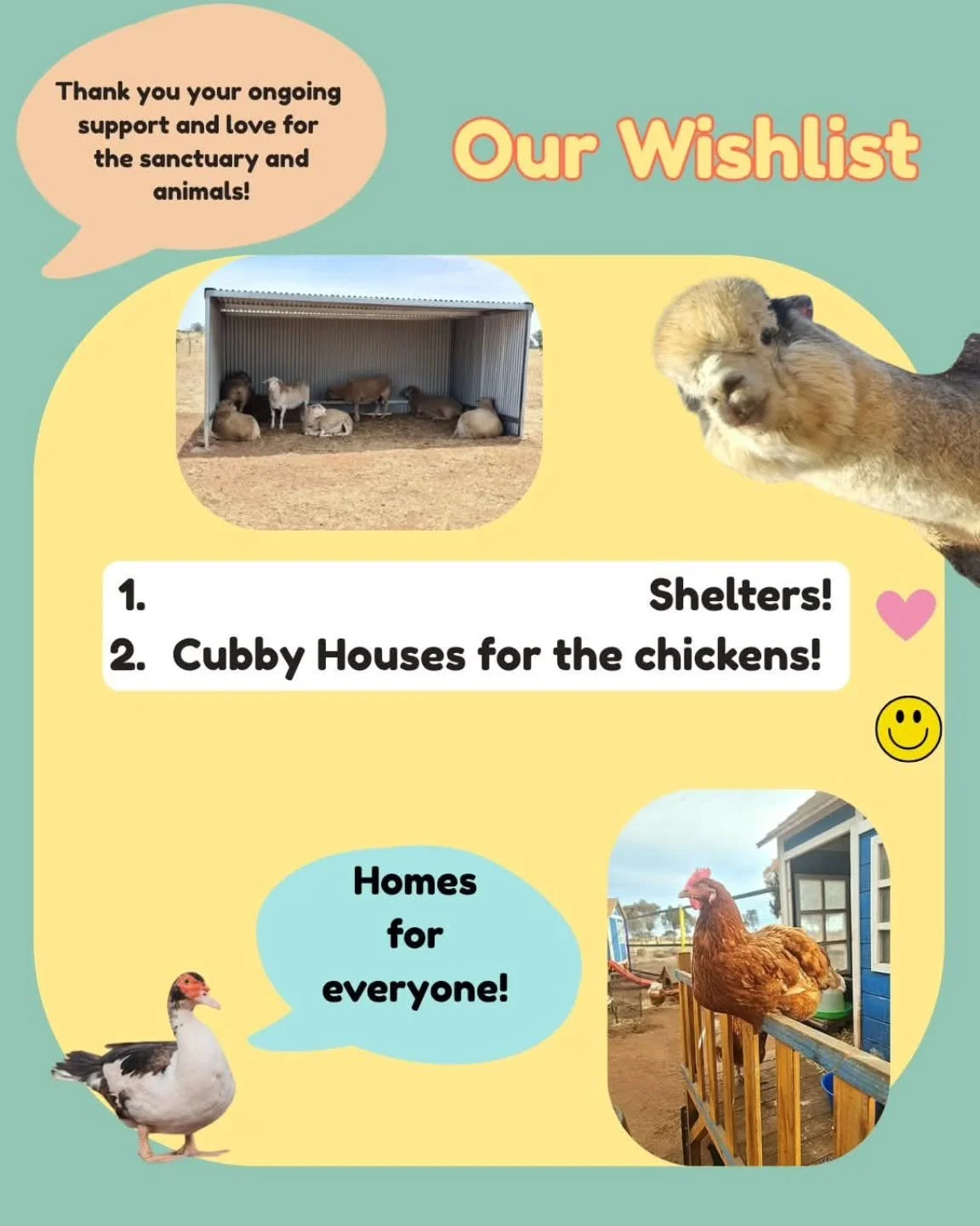 It's Wishlist Wednesday! 

This is a day where you may be able to help the sanctuary and animals!

Handymen, tradies! We're calling on you! There can never be enough shelter in a sanctuary, and with animal number always growing (over 200 currently ca