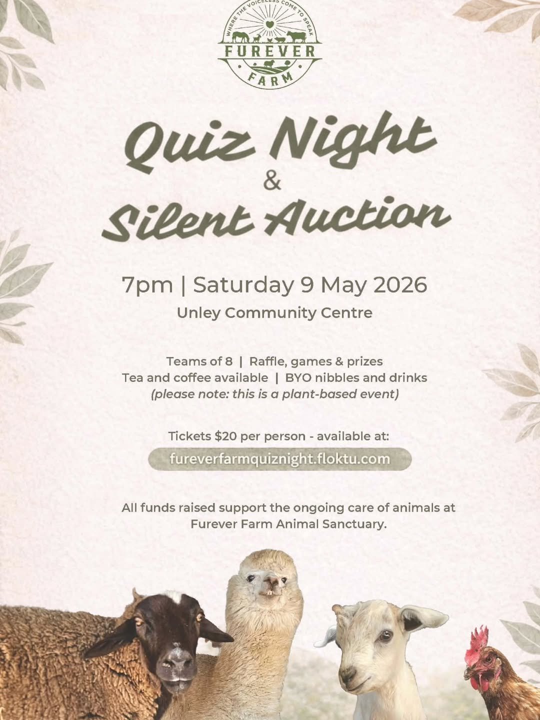 Everybody is hearing about the fun!

Furever Farm's Quiz Night...Plus More!!!

Tickets are selling! Hit the link in our bio to purchase your!

May 9, 7:00pm at the Unley Community Centre!

❤️ FUREVER FARM - Where the voiceless come to speak ❤️