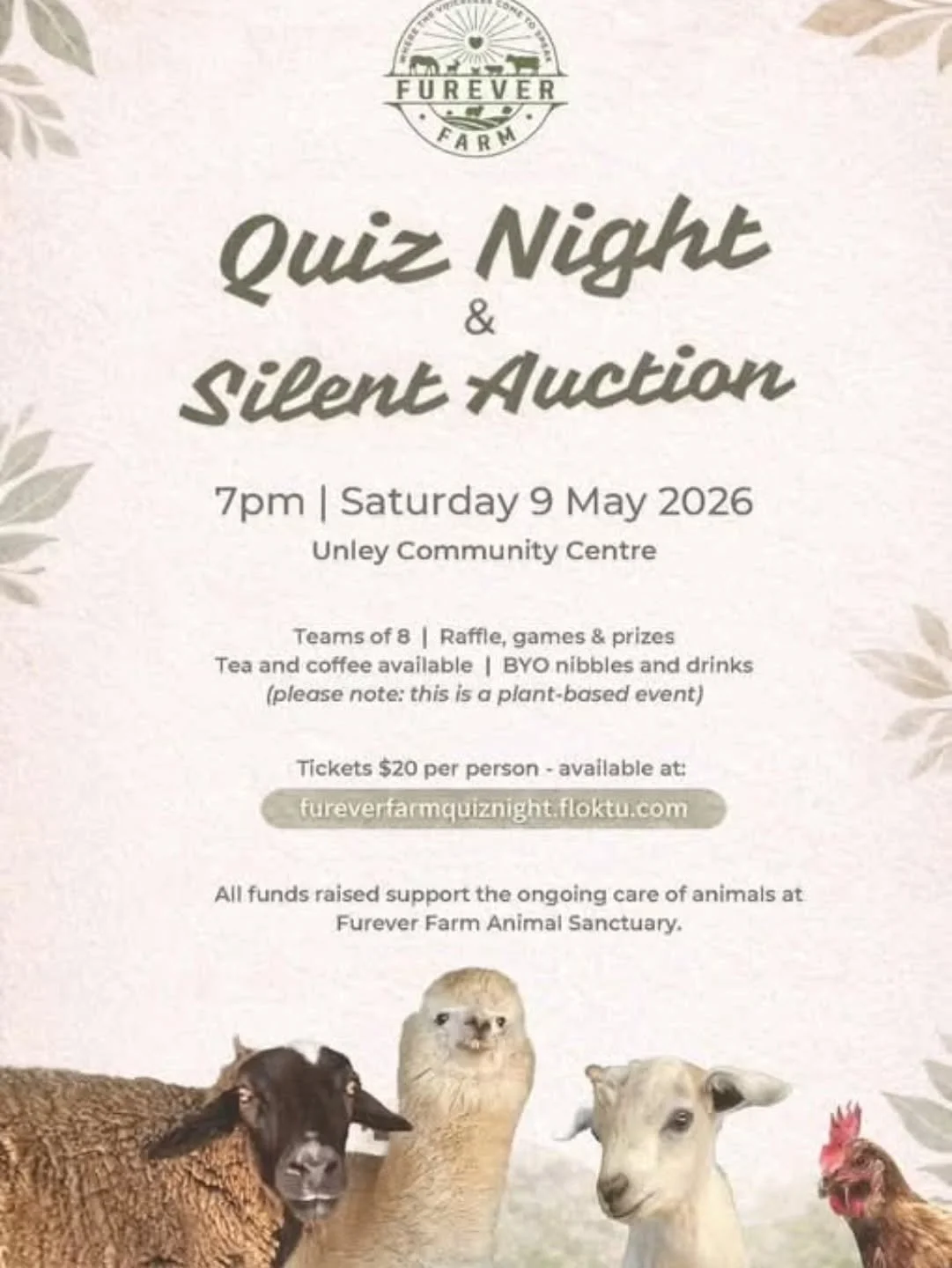 EARLY NIGHT QUIZ EXPERTS!

Get those brains resting because tomorrow night is the night!

The Furever Farm Quiz Night &amp; Silent Auction is on!

7pm onwards at the Unley Community Centre, 18 Arthur St, Unley 5061. 

There will be quiz rounds, super