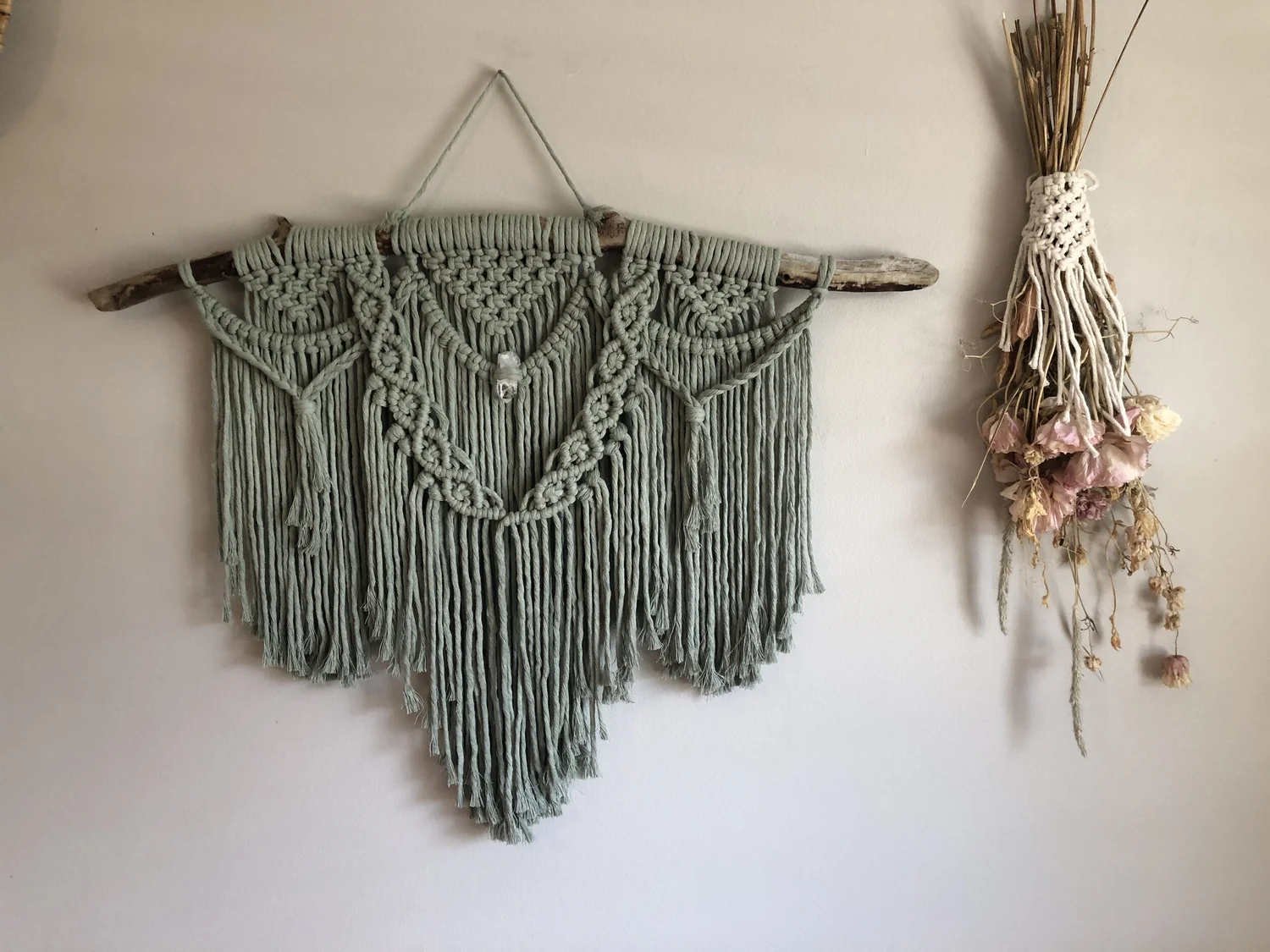 Large Sage Green Crystal Macrame Wall Hanging — Myriad Mind Makery