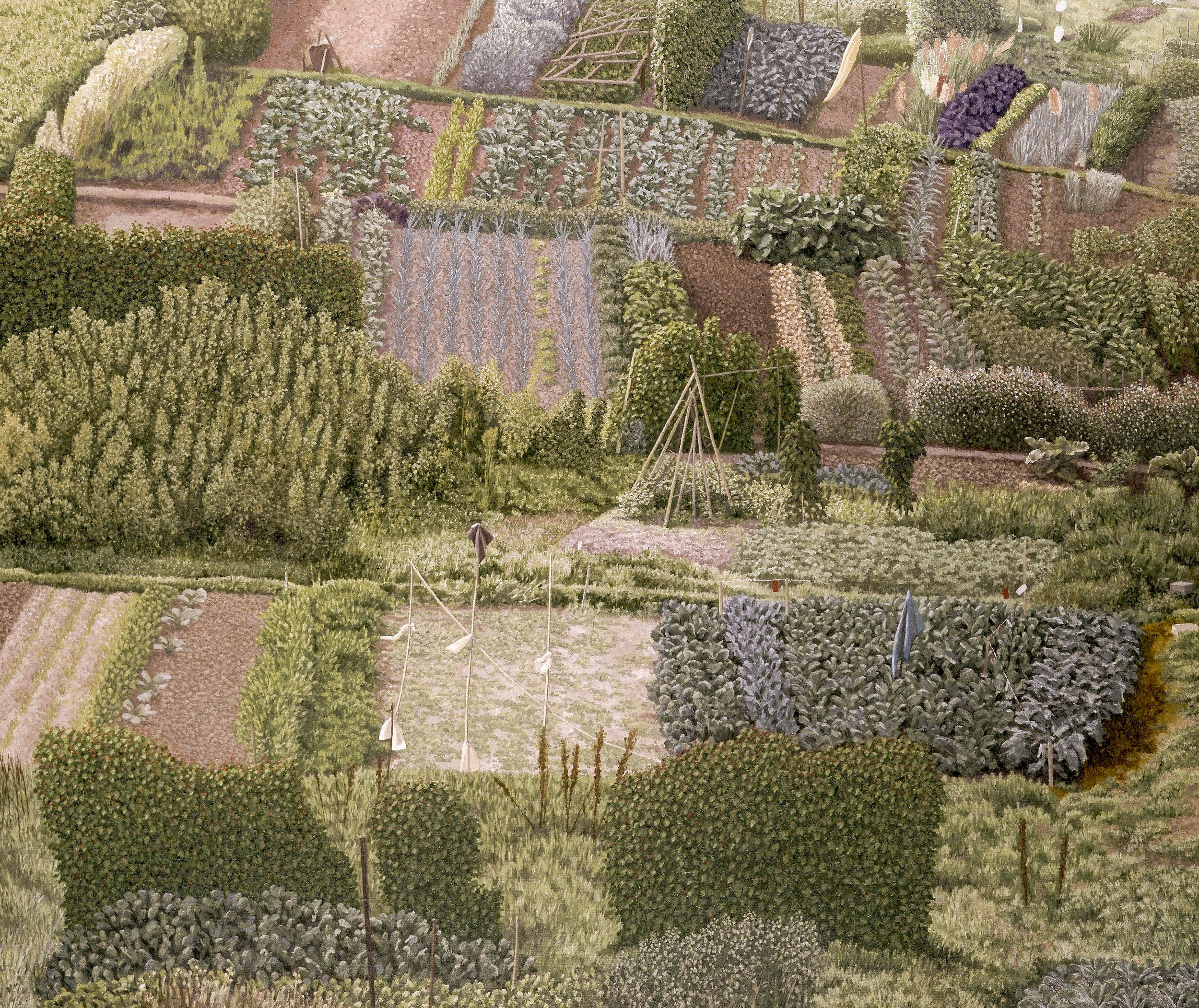 David Inshaw , Allotments , 1988. oil on canvas. Courtesy of The Redfern Gallery