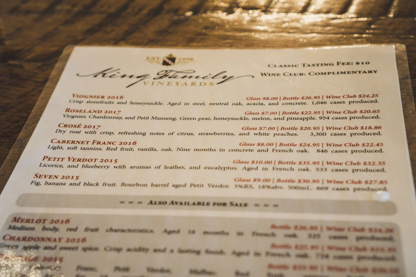 The tasting lineup at Kind Family Vinyards