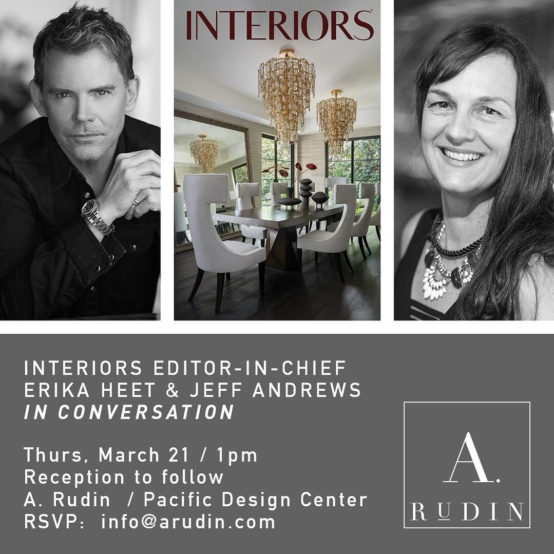 Let&rsquo;s talk all things Design!
Join me and dear friend Erika Heet of @interiors_magazine for a candid discussion at Rudin to celebrate Spring Market at the @pacificdesigncenter 
Next Thursday, March 21st at 1pm 💫
.
.
#jeffandrewsdesign #springm