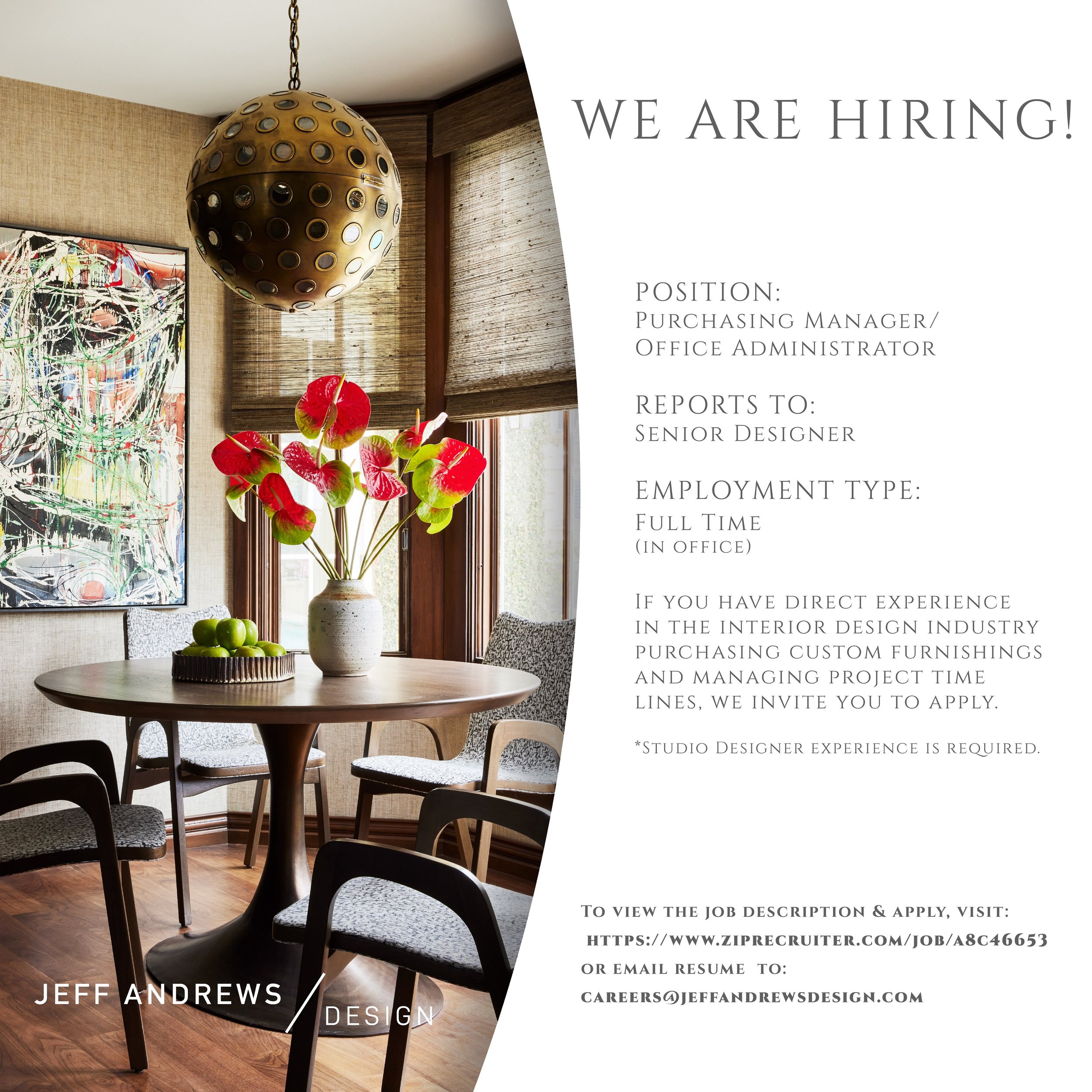 Come join us! 
Link in bio to apply OR email careers@jeffandrewsdesign.com