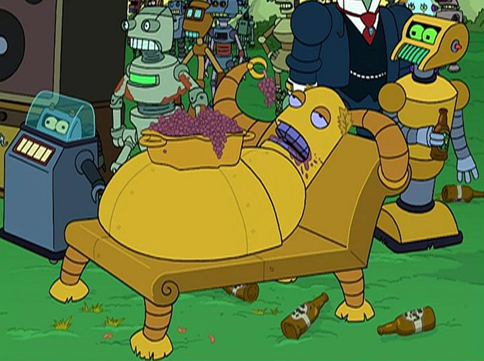  One of my favorite characters from Futurama is Hedonismbot. How can you not love a robot so decadent that he is his own couch? 