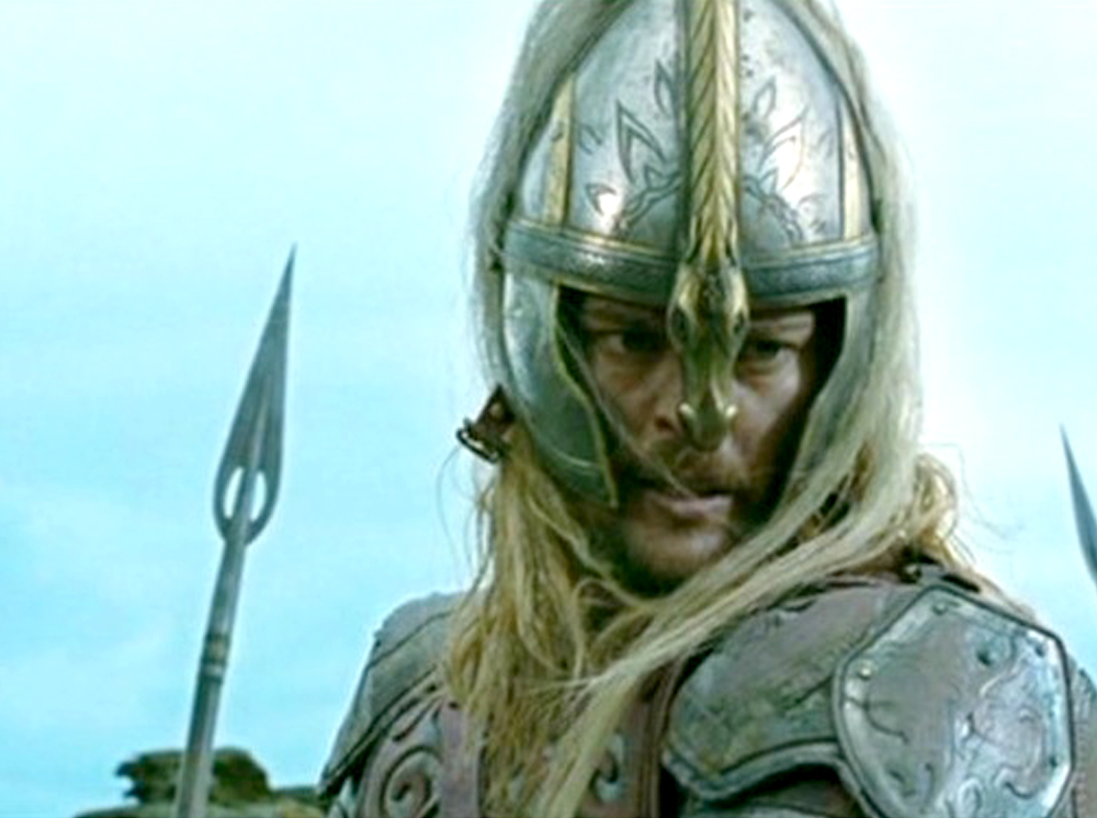 Karl Urban as Éomer with a spear in the background. I was able to cobble together enough reference from various shots in The Two Towers.