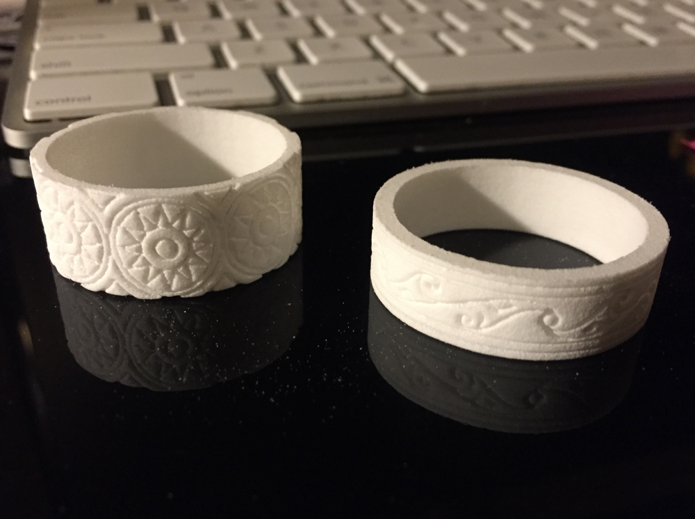  A kind soul on Facebook with more sophisticated software was able to model the ring for me. The other one I sculpted and printed at Shapeways. 