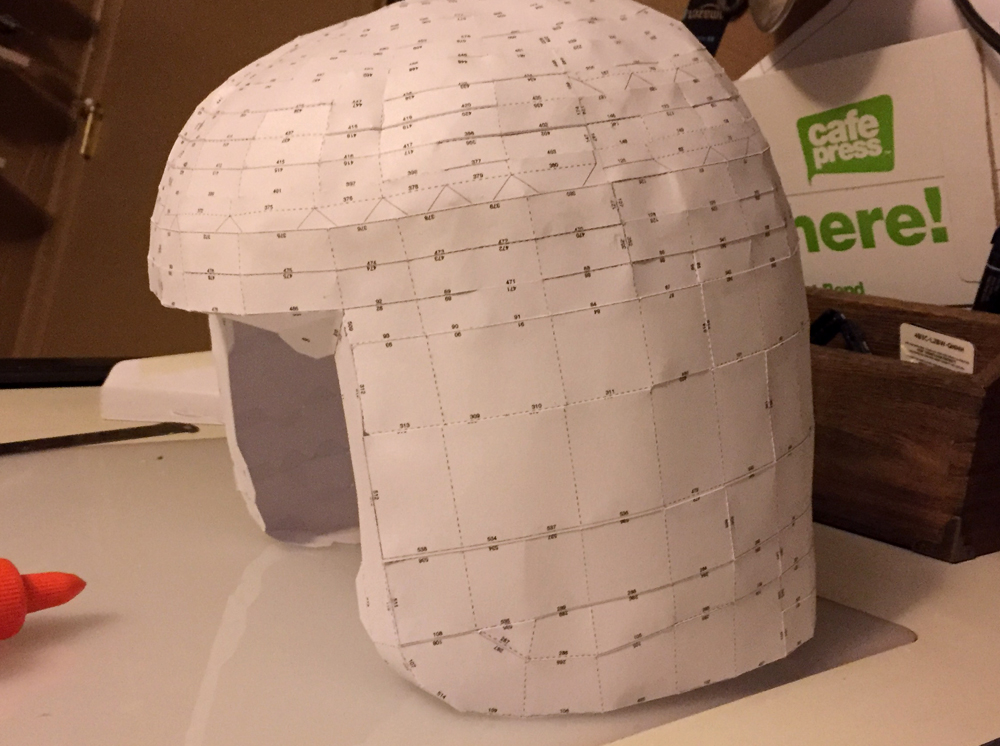  I pulled my plans into Strata3D, sculpted the helmet and then imported it into Pepakura. Once it was printed on cover stock, I assembled the paper model. 