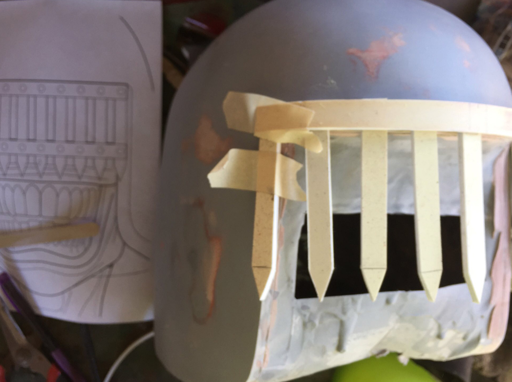  But once I placed it on the curve of the helmet, the spaces between the spikes were too wide. This was a lesson in the difference between two and three dimensions... 
