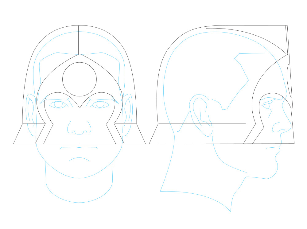  Using every image I could find from the issue, I drew up working plans using my  helmet template.  