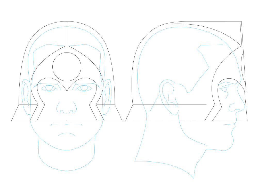Using every image I could find from the issue, I drew up working plans using my helmet template.