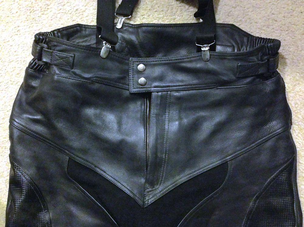 Even though the pants have Velcro tabs to adjust the waist, I found that the pants work best using suspenders to keep them up. They are all leather thus heavier than normal pants.