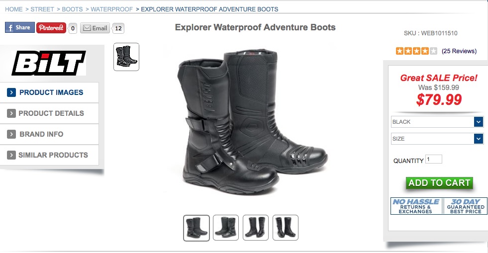  Until I was able to get film accurate replica boots, I bought a pair of Bilt Explorers that were on sale at Cyclegear. They’re a comfortable but cheap motorcycle boot that passes the “close enough” test. 