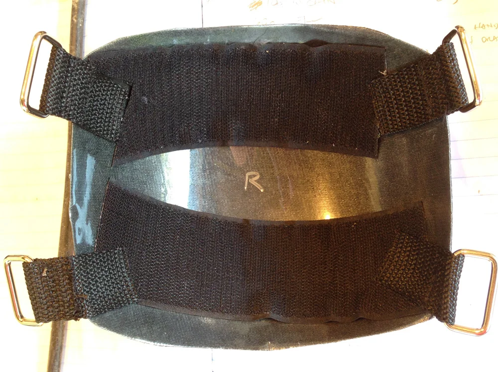 The ReelImages suit also came with elbow and knee pads which were made by forming padding over a rigid plastic shell. They came with velcro that matched up to strips on the suit. I wasn’t sure how well that would hold , so I glued some straps inside.