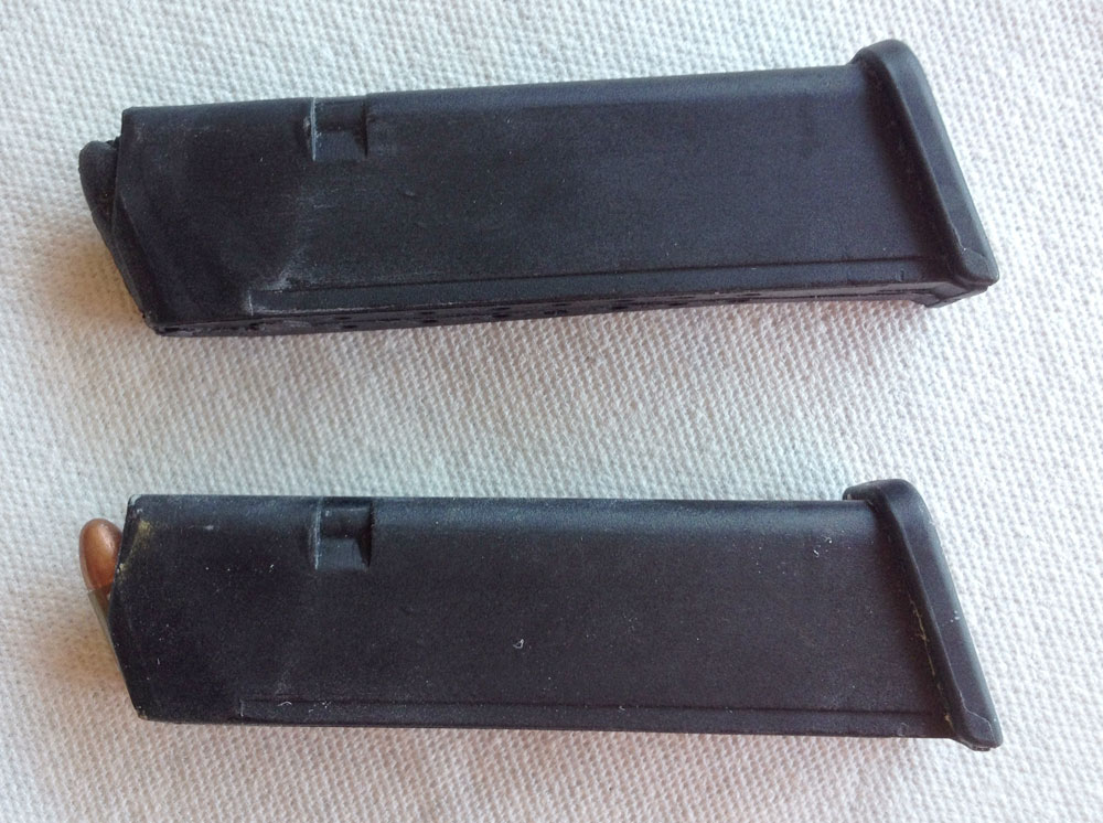 I needed four 19-round Glock magazines but they don’t exactly come cheap! I bought one magazine, inserted a round and molded it. Using Smooth-On Onyx, I made four passable copies with foam cores to save on weight (copy on top). 