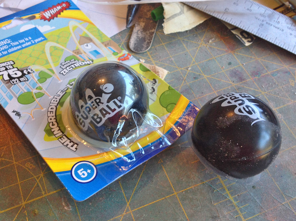  To make flash-bang grenades, I found a rubber ball of the right diameter at the dollar store. 