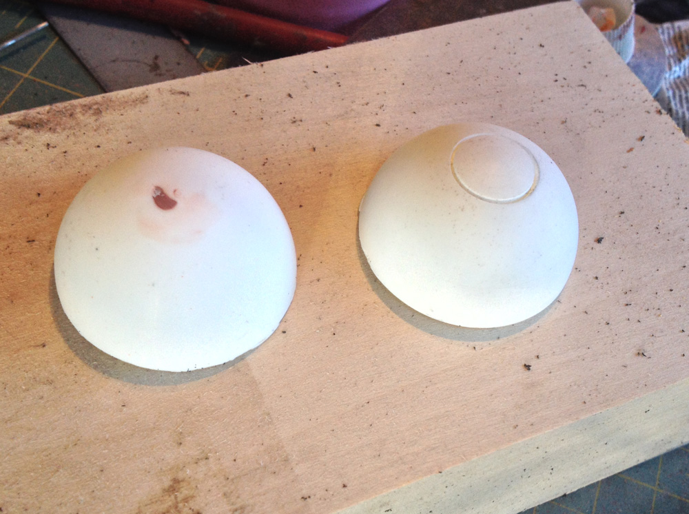  I chucked one half to the lathe and scribed a “button” line. 