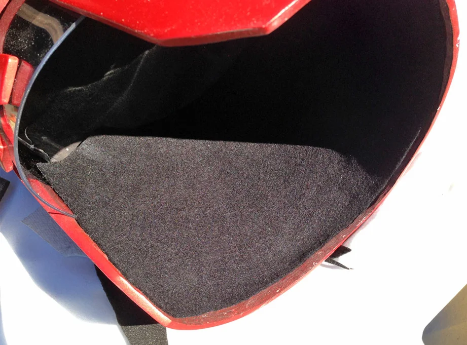 The comic version of the helmet is much smaller than the new movie version so there wasn’t much room for padding. I opted to line the inside with black felt.