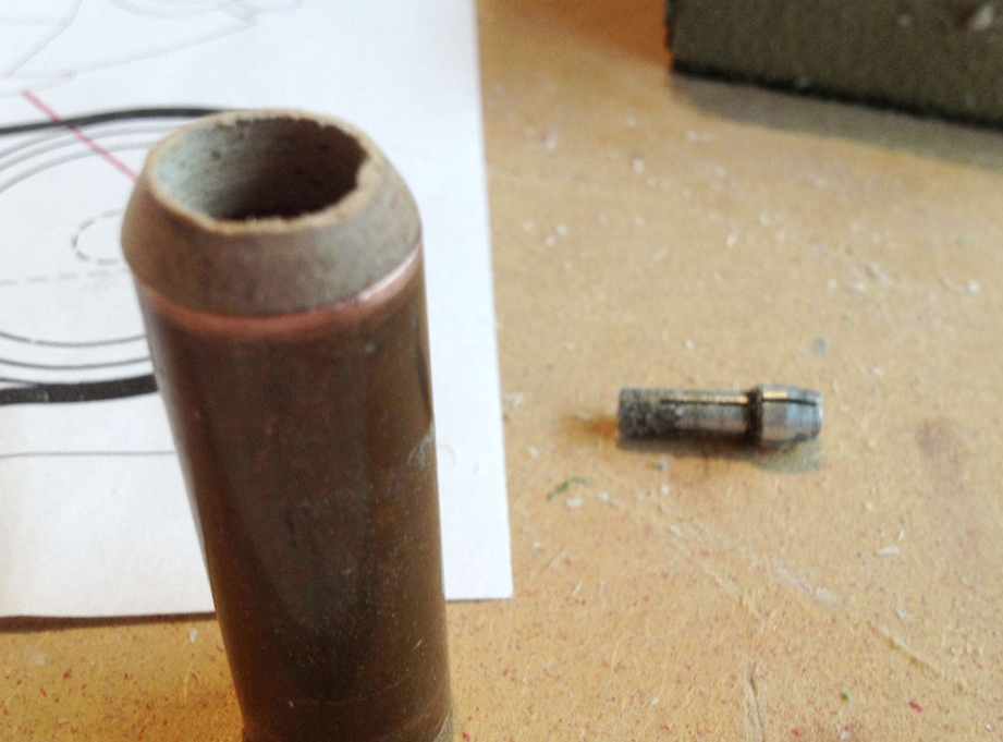  The part is inserted into the pipe and drilled out to allow the forearm tube to fit. 