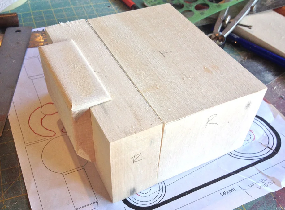 The torso would be molded in two parts so I cut two blocks of basswood.