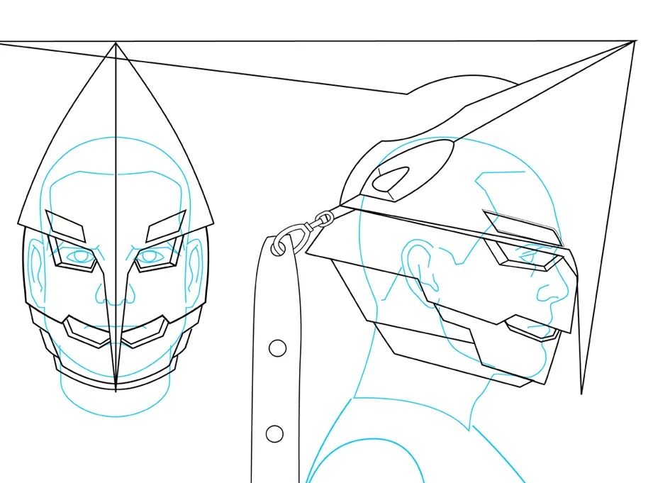 I traced the scale photo and then built the helmet around it. I tried to build in 1/2″ around my head to account for the thickness of the plastic. The risk in sizing it that tight is if you’re off, you can spand a lot of time, money and materials on a helmet that may not it when you’re done. On the positive side, since I’m using my oversized melon as the model, it should fit anyone else fine. There wasn’t much reference to go on…only a few production drawings and screen caps. Working with the client, I was able to work out the details and made changes to make it more practical in the real world. I shortened the blades hanging off the back of the helmet to a little over 4 feet and shorted the head spike by about 8″. It still has the basic look and now it will be more functional.
