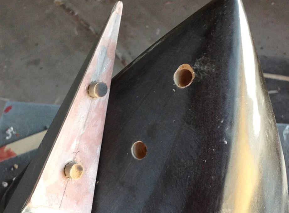 I added wooden dowels as glue pegs so that the spike could be easily attached to the helmet.