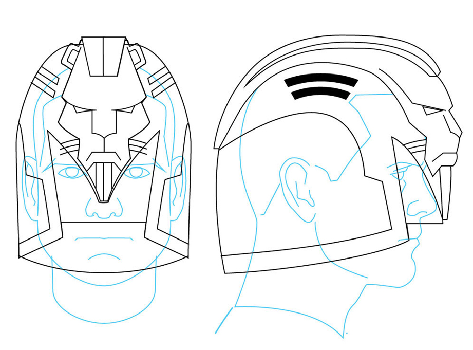  For this design, I tried to retain as much of the comic’s style as I could. The original has the taller dome (which I’m sure is a nod to an English Bobby’s helmet) which I incorporated into the Dredd movie style helmet. Obviously, I needed to includ