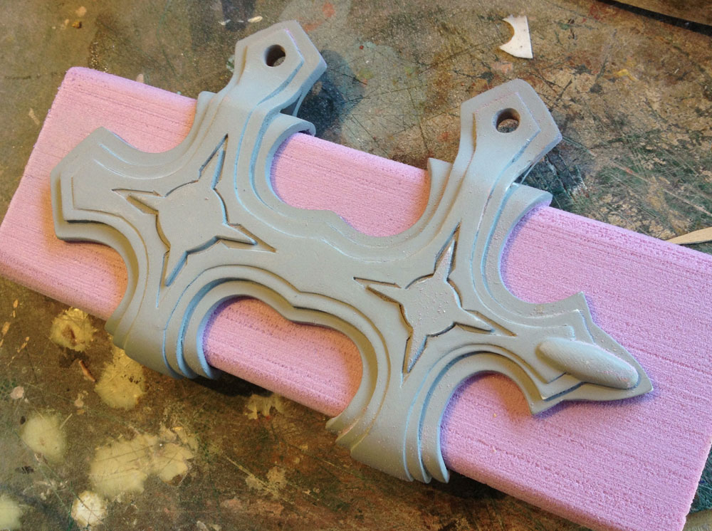  The final cuff ready for molding. I cut a piece of foam as a stand-in for the scabbard. 