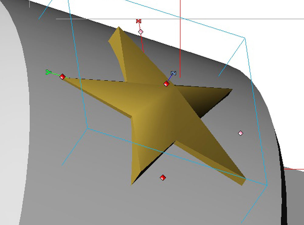  Another issue was to distort the stars so they would wrap around the cuff. To figure out the geometry, I built the cuff in Strata 3D. As flat stars the “arms” would poke out of the curved surface. 