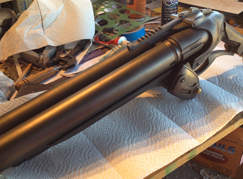  The base coat for the gun was Testors buffable Metalizer Gun Metal. Since I used a dark grey auto primer, it didn’t take much paint to cover it. The paint can be buffed with a paper towel to get a realistic gun metal sheen! 