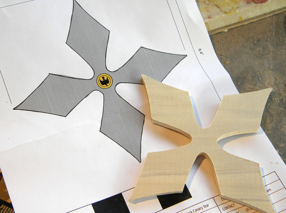 Since these stars were mainly for conventions and photo shoots, we decided to save some money by making the stars out of flat 1/4” poplar. The diamond profile of the statue’s stars would be more difficult to replicate and is really more of a sword/spear feature…I suspect it would mess up the aerodynamics if you were to throw them.