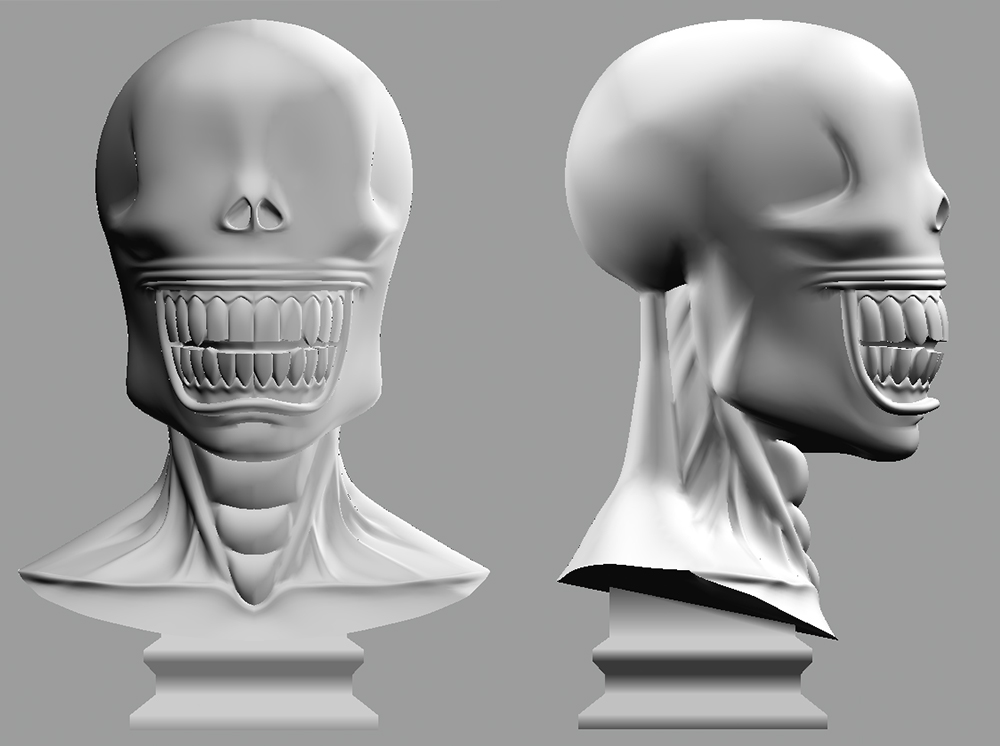  About a year later, I pulled my plans into 3D and sculpted the bust of JD. It was heavily based on Brian Bolland’s artwork and I took reference from mummies and desiccated corpses. I was inspired by Giger’s Xenomorph design in that it had no eyes. T
