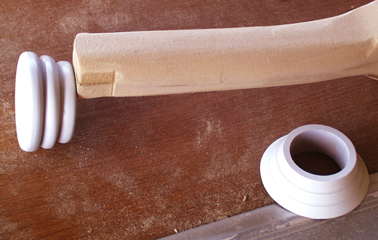  The pommels and the guard rings were shaped on the lathe from MDF. 