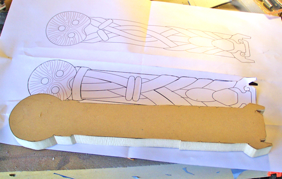  After sizing my template to fit the wielder’s hand, I cut it out of 3/4″ MDF. 