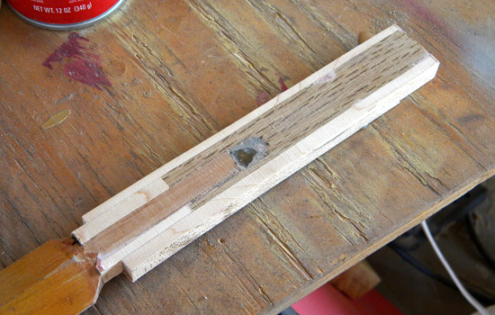 Since the tang didn’t extend all the way through the hilt, I reinforced the grip with pieces of cherry.