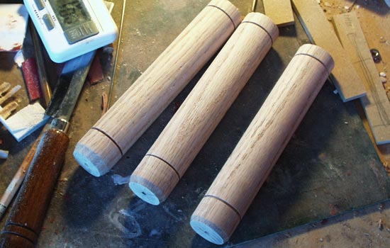  The part of the staff that connects to the blade was lathed from 1-1/4″ oak dowel. 