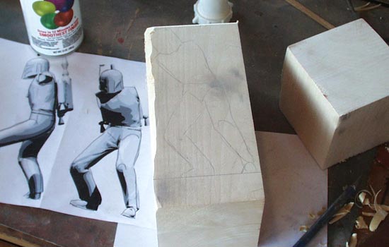  I had no source for Cottonwood Root so I decided to carve mine out of 4″ x 4″ x 8″ Basswood. In order to maximize the size of the figure, I planned to carve the arms and rocketpack separately. 