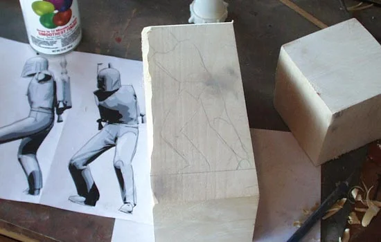 I had no source for Cottonwood Root so I decided to carve mine out of 4″ x 4″ x 8″ Basswood. In order to maximize the size of the figure, I planned to carve the arms and rocketpack separately.