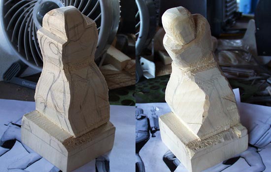  The first step was to cut of any excess wood (saved for arms and pack) and draw the rough figure for front and side profiles. I used razor and hack saws to carve the rough silouhettes for both profiles. 