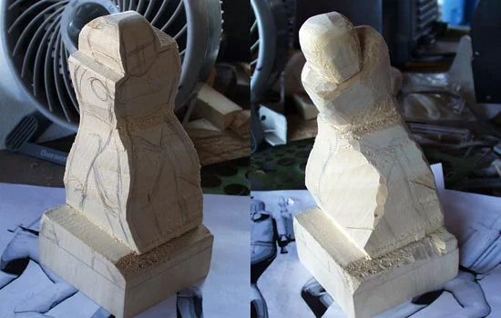 The first step was to cut of any excess wood (saved for arms and pack) and draw the rough figure for front and side profiles. I used razor and hack saws to carve the rough silouhettes for both profiles.