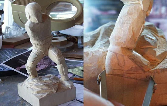 Starting to define leg details like pouches and knees. STILL working on the base! The base is pretty much done and I’m happy with the basic proportions. Now to add details without getting TOO detailed. My first mistake. I cut off too much of the right toe so I decided to angle the foot down on a slope of the base.